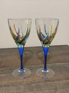 CC Zecchin Murano Rainbow Swirl Blue Stem Crystal Wine Glasses Lot of 2 Italy