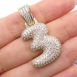 Authentic 925 Sterling Silver Gold Plated Round-Cut C Z Number 3 Lucky Pendant