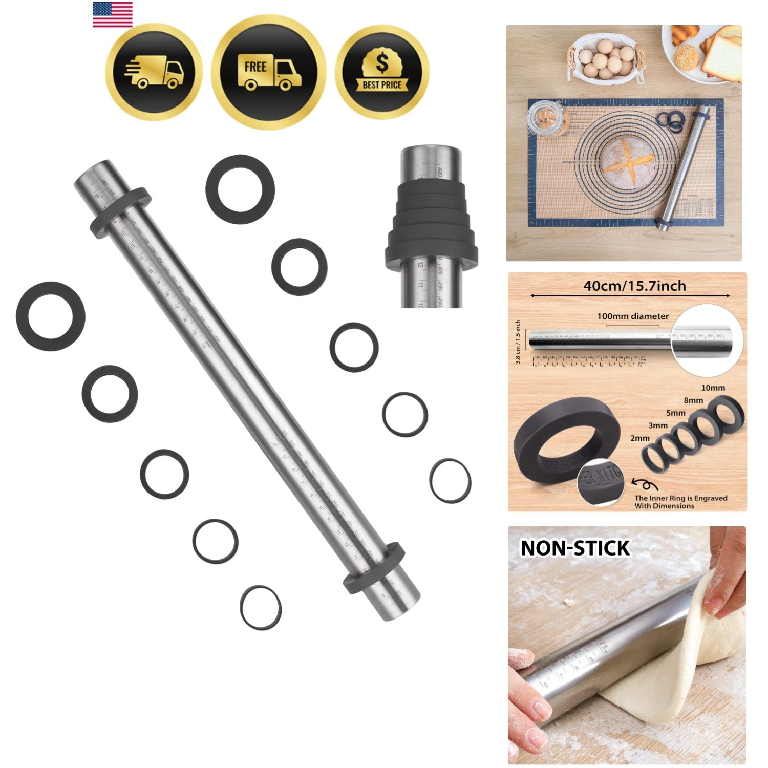 Adjustable Rolling Pin with Thickness Rings for Baking -Non Stick Stainless S...