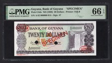 Guyana 20 Dollars ND(1989) P24ds  Specimen  Uncirculated Grade 66 Top Pop