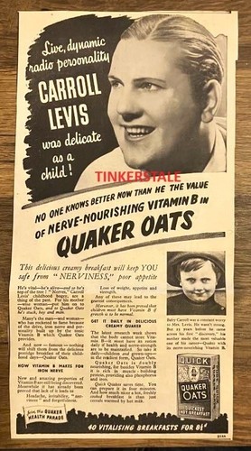 1938 Quäker Hafer Carrol Levis Radio Persönlichkeitsanzeige Zeitungsanzeige kanadisch