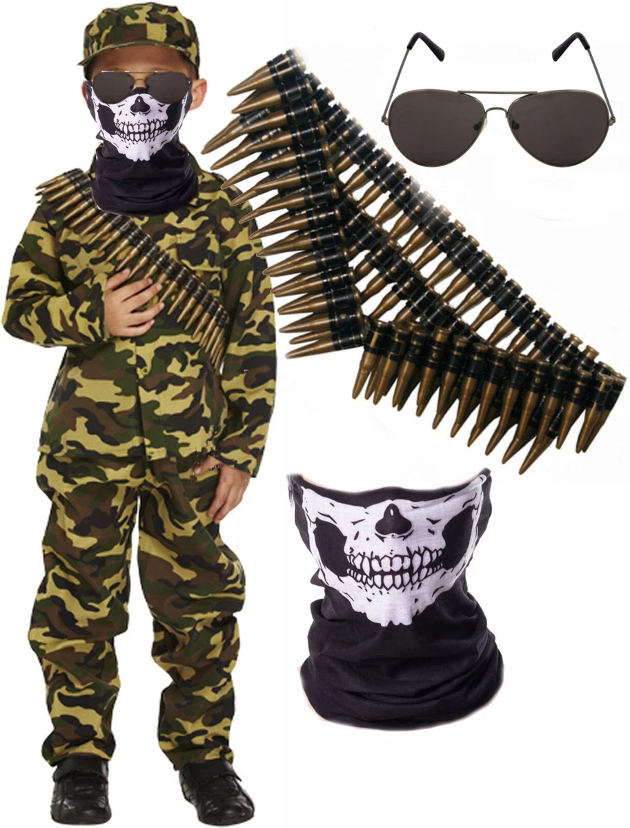 Army Boys Soldier Halloween Fancy Dress Costume Bullet Belt Skull Mask  Shades