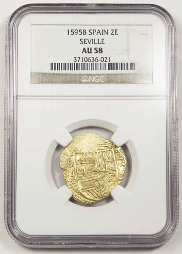 SPAIN Seville 1595-B Cob 2 Escudos Gold Coin NGC AU58 Philip II Well Struck AU+