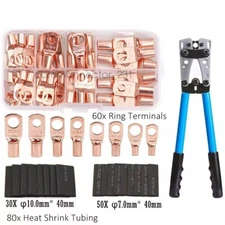 140Pcs Copper Lugs Ring Terminals Bare Battery Welding Crimp Wire Connectors Kit