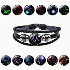 Leather Bracelet Bangle For Men Woman with Signs of the Zodiac Astrology Luminou