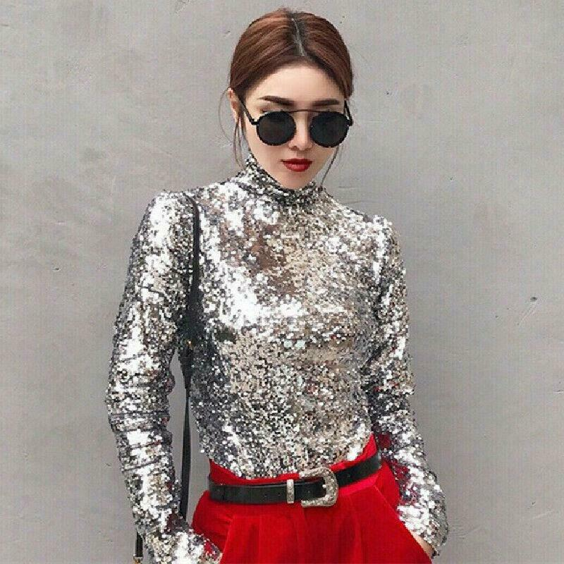 high neck silver sequin top