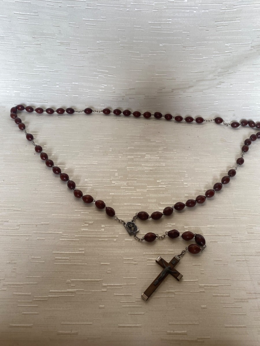 Vintage Nuns Rosary 30” Long with Brown Beads Cross Italy