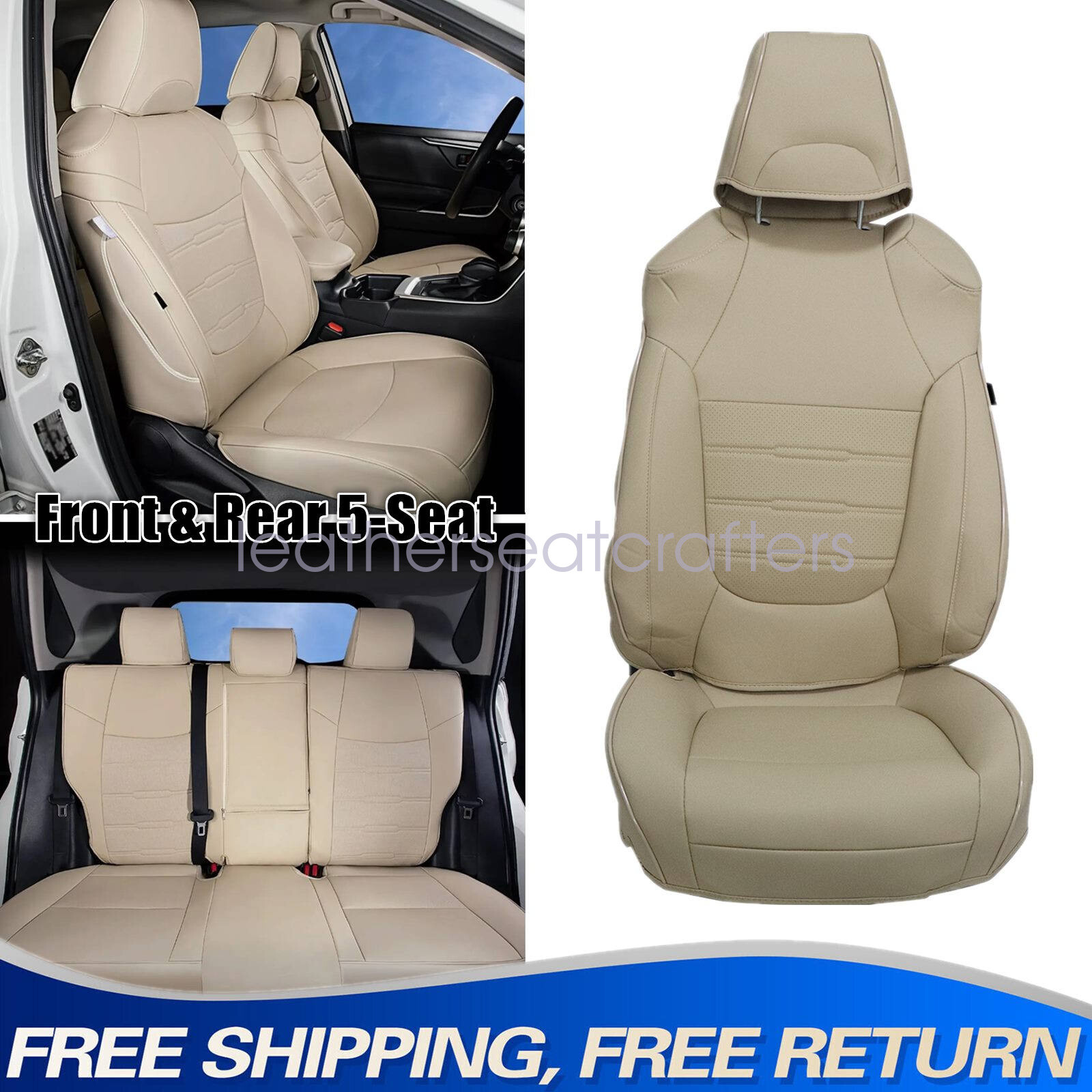 Car Full Set 5-Seat Cover Faux Leather Cushion Beige Fits Toyota RAV4 2019-2023