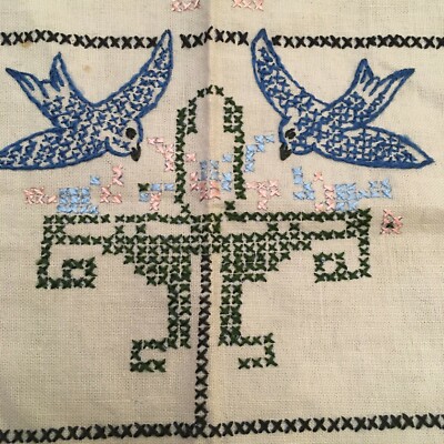 Vintage 1930's Unframed BLUEBIRDS Stitch Sampler Art Deco ''Pillow Top'' 16'' x 19''