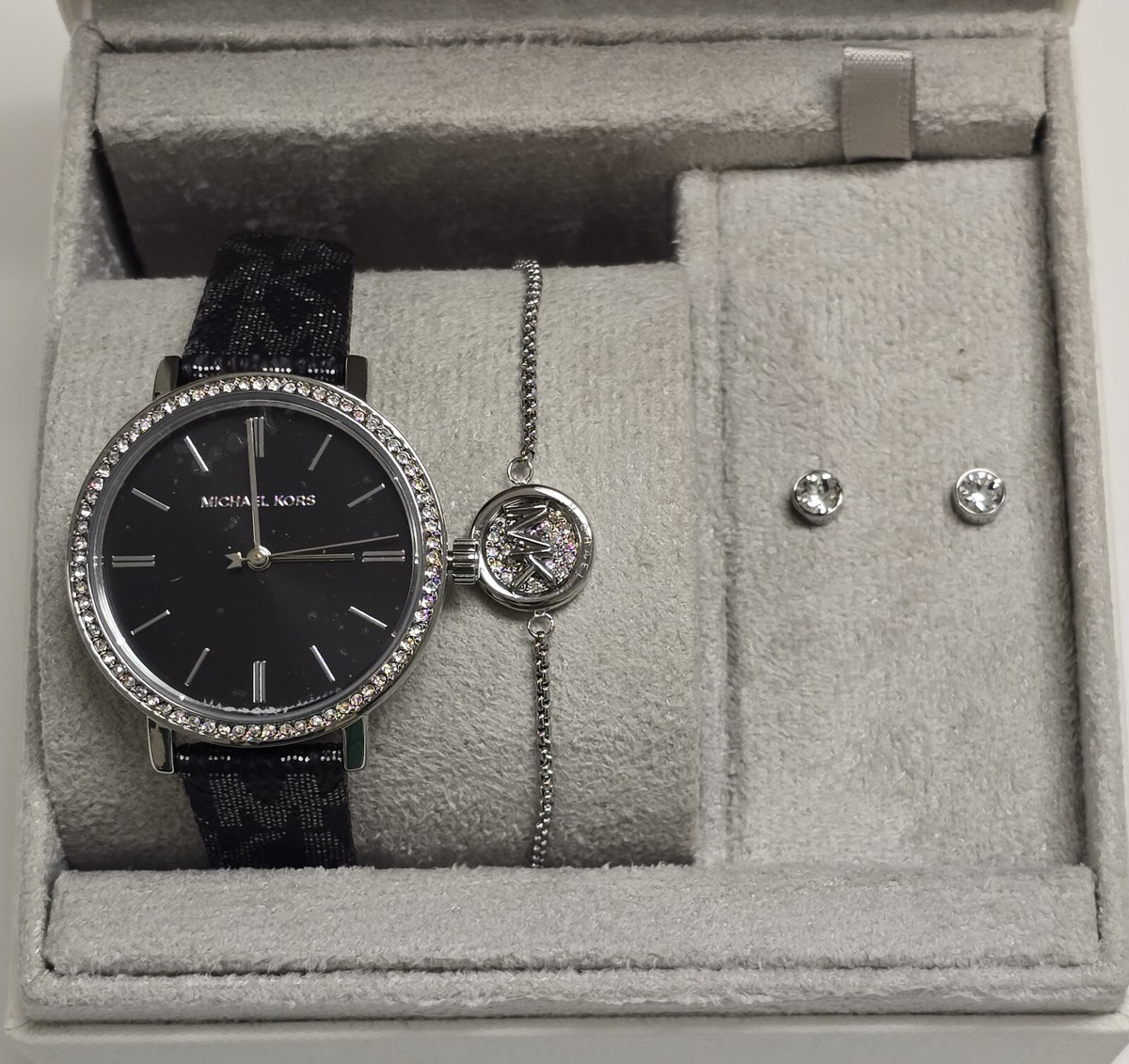 MICHAEL KORS SILVER,METALLIC BLACK LOGO PVC,CRYSTALS WATCH MICHAEL KORS SILVER,METALLIC BLACK LOGO PVC,CRYSTALS WATCH