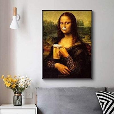 Leinwandmalerei Parodie Spaß Mona Lisa Trinken Bier Wandkunst Bild 50x70cm