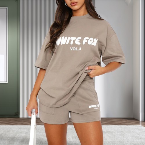 2 Piece White Foxs Womens Boutique T-Shirt Shorts Set Sweatshirt Sweatpants - Picture 9 of 48