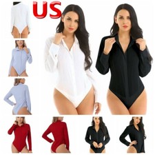 Women's Jumpsuits Long Sleeve Button Down T Shirt Top Bodysuit Blouse Leotard