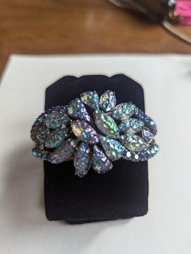 Vintage Pfau blau geformtes Glas Clamper Armband Aurora Borealis Strass - Bild 2 von 7