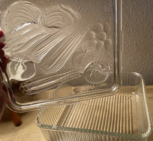 Vintage Federal Ribbed Clear Glass Square Refrigerator Dish w/Vegetable Lid
