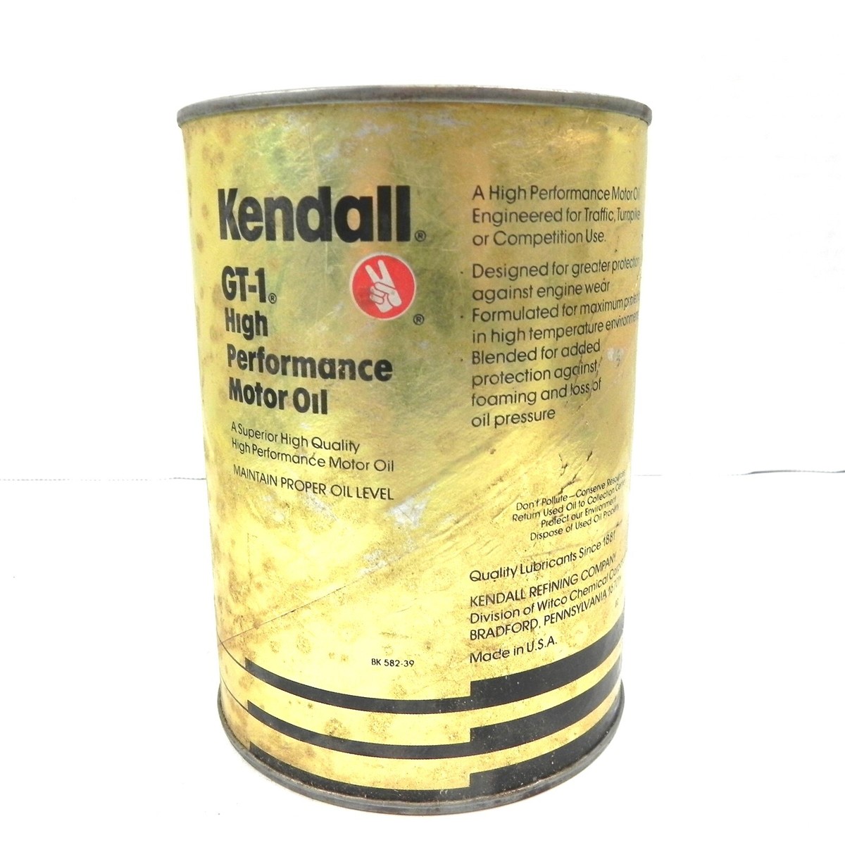VINTAGE KENDALL GT-1 HIGH PERFORMANCE MOTOR OIL 1 QUART CAN