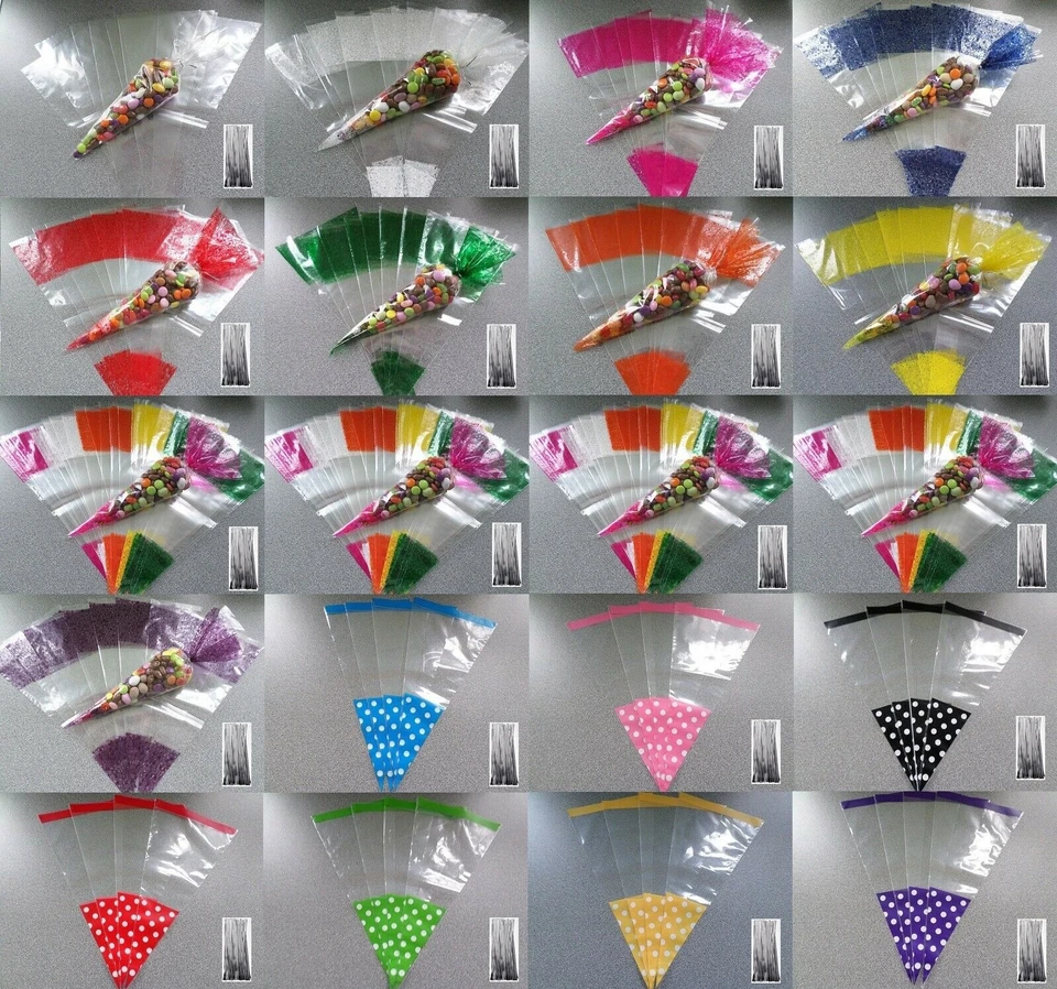 POLYBAGSTORES LTD CELLOPHANE CELLO CONE BAGS - SWEET BAGS - GIFT BAGS - PARTY BAGS WITH FREE TIES