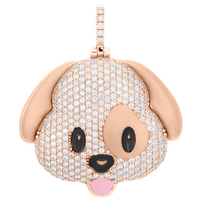 10K Rose Gold Diamond Puppy Dog Emoji Pendant 1.70'' Enamel Pave Charm 2.75 CT.