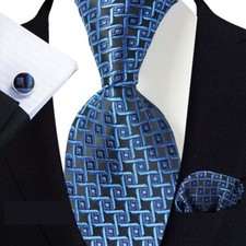 Classic Plaids Black Blue Jacquard Weave Men's Tie Necktie Hanky Cufflink Set