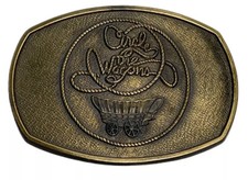 Vintage Western Belt Buckle Circle The Wagon Cowboy Rustic Pioneers Signed RJ