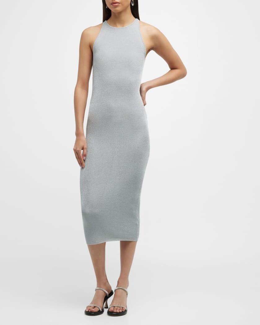 A.L.C.Size M Ashley Silver Metallic High Neck Midi Bodycon