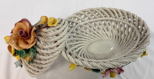 Capodimonte Braided Twisted Basket with Multicolor Floral Lid Vintage