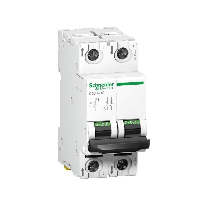 Disjoncteur C60H-DC Schneider Acti9 2P 6A Courbe C pour installation de protection photovoltaïque