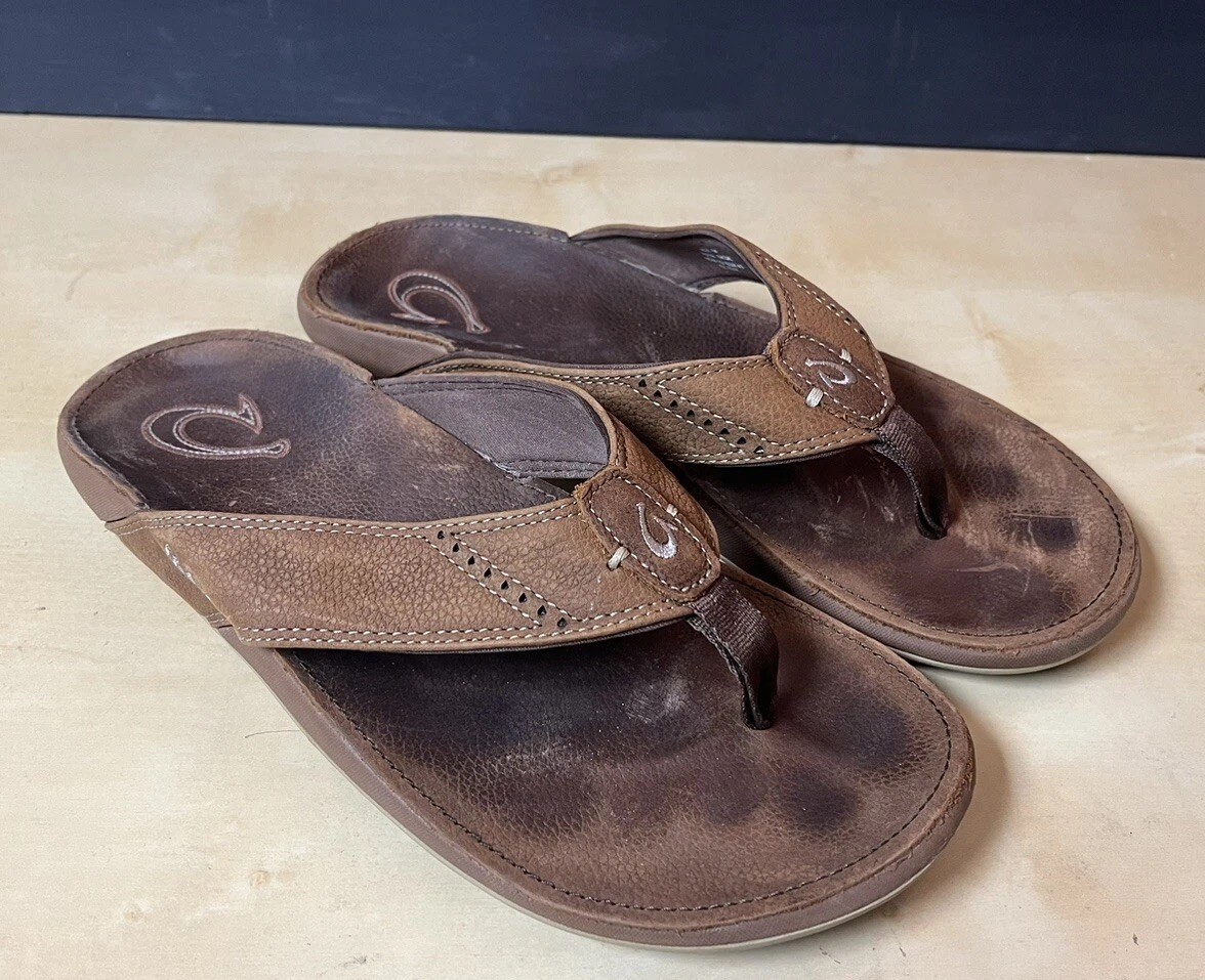 Olukai Nui Men's Size 10M Brown Leather Flip Flops Sandals 10239-image