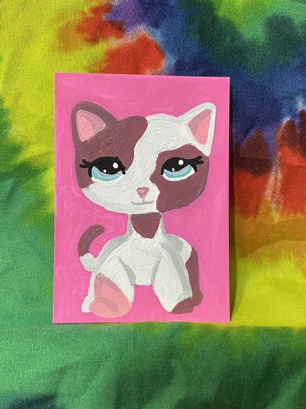 ACEO Original Pink/White Cat LPS Toy Nostalgia Acrylic Painting 