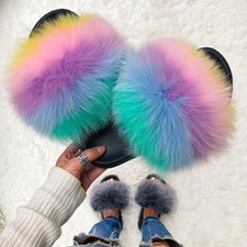 Real Farm Fox Fur Slides Furry Flat Sandals Female Cute Fluffy House Shoes N0