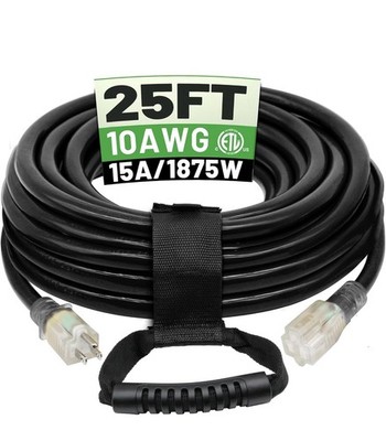 25FT Heavy Duty Waterproof Extension Cord, 15A 1875W, Lighted Outlet, Type B