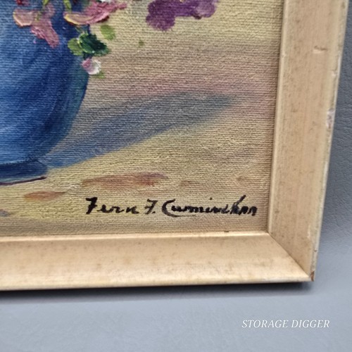 Quadro olio vintage Fern Frances Cunningham pannello tela natura morta floreale firmato - Foto 3 di 11
