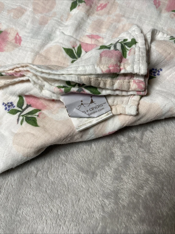 ADEN ANAIS Floral Baby Blanket Flowers Pink Rose Soft White Muslin Swaddle Lovey - Image 3 of 4