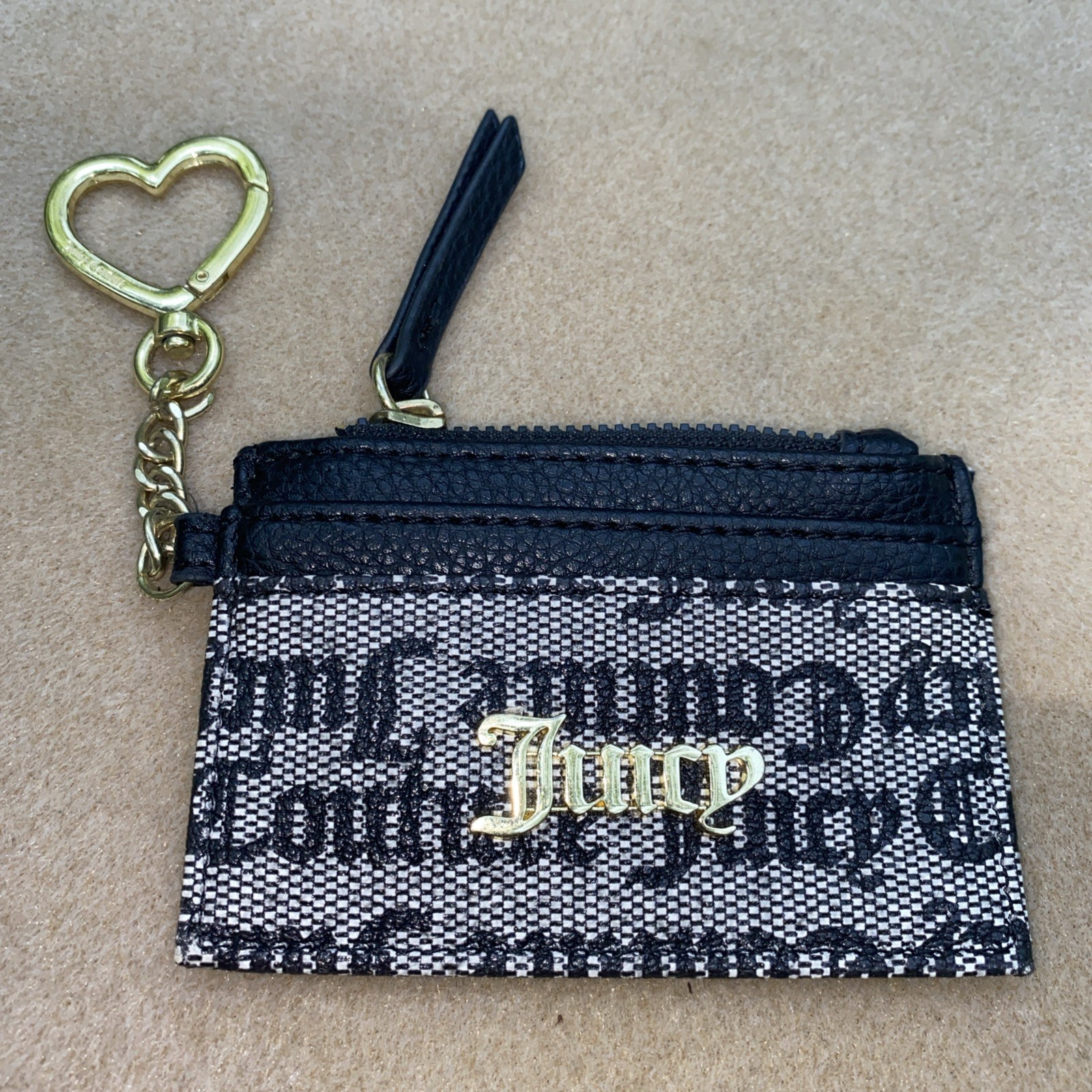 Juicy Couture Black Compact Wallet Card Holder with Gold Heart Keychain