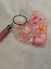 Resin Heart Keychain with Pink Adornments and Teddy Bear For Girls