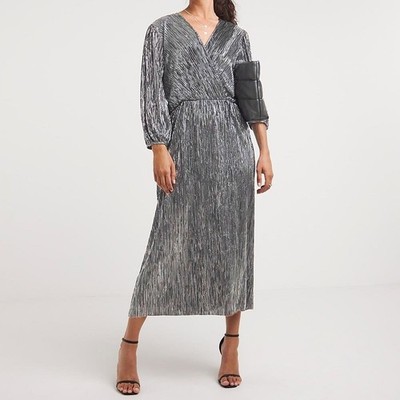 Absolutely Famous Silver Maxi Dress Plus Size 2X Holiday Metallic Faux Wrap Date