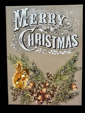 Painted Christmas Canvas With Squirrel And Pines, Unframed. 12”W X 14”H