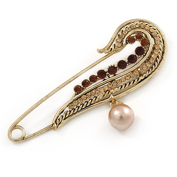 Vintage Inspired Large Topaz Crystal Wing Safety Pin Brooch In Gold Tone Metal
