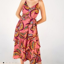 Farm Rio Women Pink Banana Flowers Two Tiered Midi Dress Size M