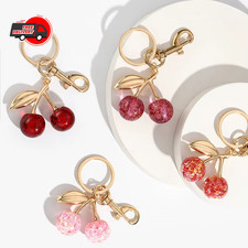 Cherry Keychain Bag Charm Red Pink Crystal Fruit Pendant Key Ring Women Gift