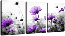 Flowers Wall Art Canvas Pictures Purple flower, Black & White12"X 16" X 3 Panels