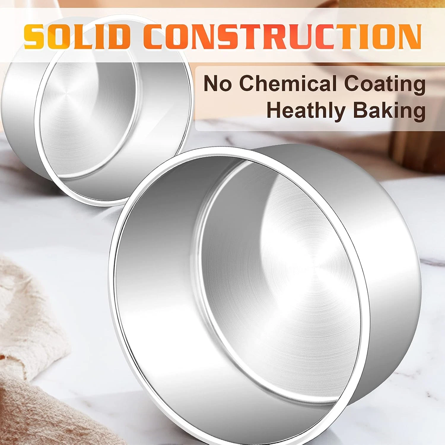 E-far Cake Pans Set of 3, 6 x 3 Inch Stainless Steel Round Cake Baking Pans Tins for Wedding Birthday, Deep Side & Non-toxic, Oven & Dishwasher Safe, Mirror Finish & Straight Side - Thumbnail 4