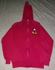 VTG 80s MICKEY MOUSE FULL ZIP HOODED SWEATSHIRT LARGE DISNEY RED JACKET 90s USA