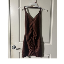 Women's Brown Glitter Ruched V-Neck Strappy Sleeveless Mini Bodycon Dress M