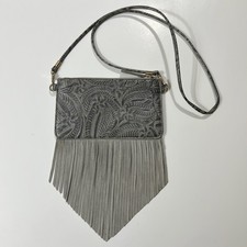 Free People Gray Fringe Crossbody Bag Embossed Leaf Flowers Gold Tone Hardware