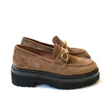 NEW Homers Lug Sole Loafers Shoes Womens 37 Brown Suede Leather Gold Horsebit