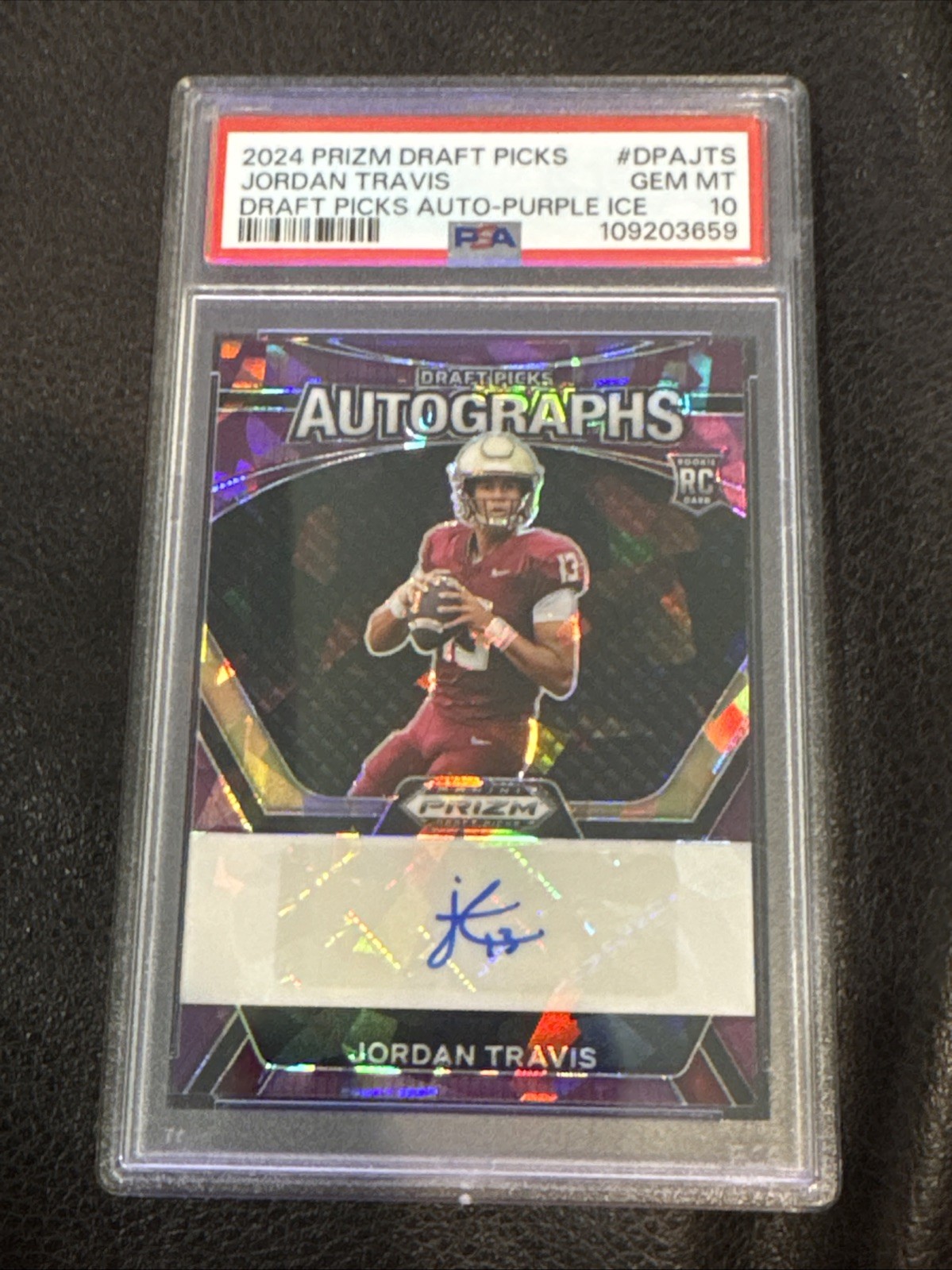 2024 Prizm Draft Jordan Travis RC Auto Purple Ice /99 PSA 10 FSU Jets