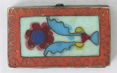 Vintage Cloisonné Enamel Floral Decorative Hinged Trinket Pill Box Red Blue Gold