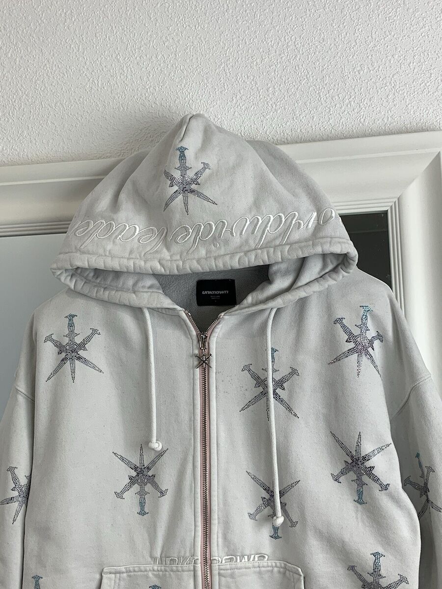 Unknown London Rhinestone Zip Hoodie Glitter Logo Rap Style Unknown London Rhinestone Zip Hoodie Glitter Logo Rap Style
