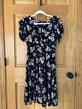 TOMMY HILFIGER Wrap Bodice Floral Print Fit and Flair Dress Navy Cream Sz 2